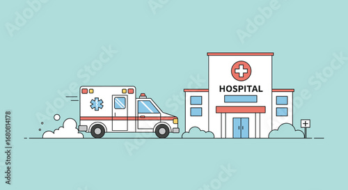 A fast-moving ambulance approaches a modern hospital building, representing urgent medical care and essential healthcare services in a clean, flat-style illustration.