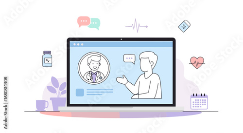 A modern illustration depicting a patient receiving a virtual medical consultation from a doctor via a laptop, highlighting accessible telemedicine and digital health.