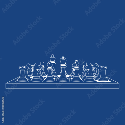 A minimalist chessboard featuring white chess pieces in a strategic formation against a blue background