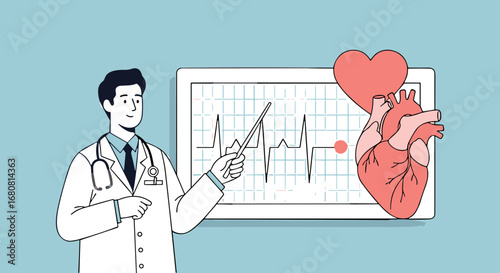 An expert cardiologist elucidates complex cardiovascular health using an electrocardiogram display, emphasizing the importance of heart function and medical diagnosis.