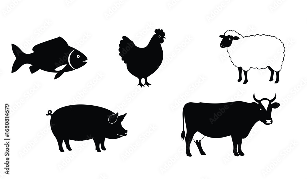 Obraz premium Collection of black silhouettes of farm animals and fish including a chicken sheep pig cow and a goldfish on a white background