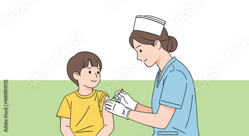 A kind nurse in a medical uniform carefully administers a vital vaccination shot to a calm young boy's arm, promoting health and disease prevention.
