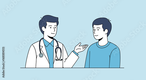 A friendly male doctor in a white coat consults with a young patient, offering medical advice and support in a professional healthcare setting.
