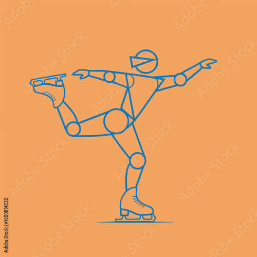 Stylized illustration of a figure skater in a dynamic pose on an orange background, showcasing balance and movement