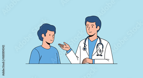 A friendly male doctor in a white coat with a stethoscope attentively consults a young patient, offering professional medical advice during an important healthcare visit.