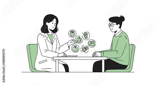A healthcare professional in a lab coat provides dietary advice and healthy food options to a client during a personalized wellness consultation.
