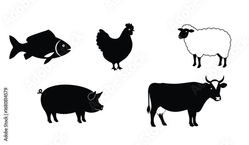 Collection of black silhouettes of farm animals and fish including a chicken sheep pig cow and a goldfish on a white background