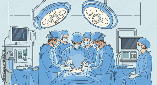 A skilled surgical team performs a critical operation in a sterile operating room, surrounded by advanced medical equipment and bright lights, symbolizing modern medical care.