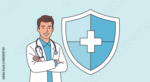 A smiling male doctor in a white lab coat stands confidently beside a blue shield with a medical cross, representing comprehensive health protection and security.
