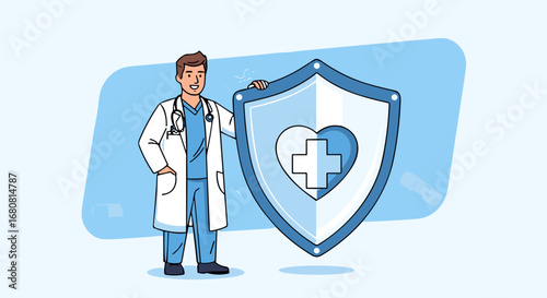 A male doctor in a white coat and stethoscope stands beside a shield with a heart and cross, symbolizing health protection and medical insurance.