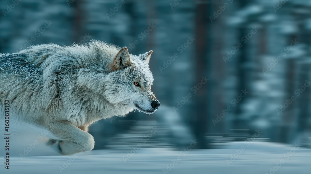 Fototapeta premium Frost-Covered Wolf Runs Through Winter Snow