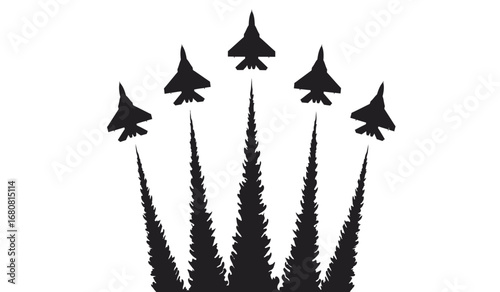 Five silhouette fighter jets flying in formation creating smoke trails against a white background symbolizing power and precision