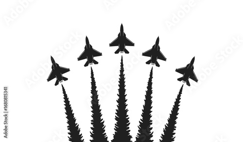 Five fighter jets performing a synchronized aerial maneuver creating a dramatic display of power and precision against a white background