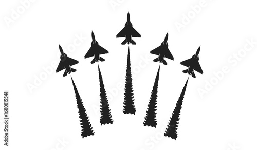 Five fighter jets performing a synchronized aerial maneuver leaving smoke trails in a star formation against a white background symbolizing power and precision