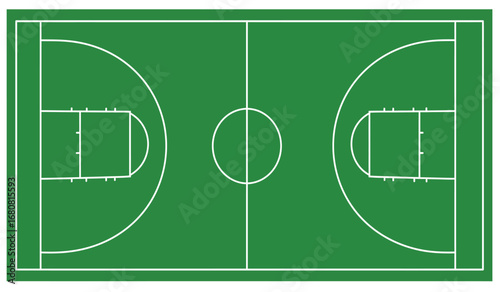 Overhead view of a green sports field with white markings for a basketball court and soccer field showing boundaries and center circle