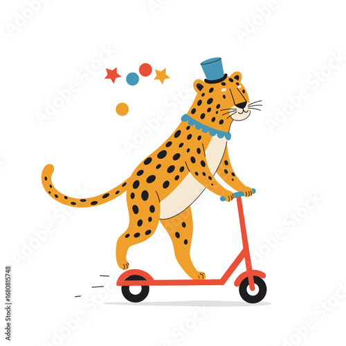 Cartoon leopard riding a scooter for circus branding and children’s event promotions