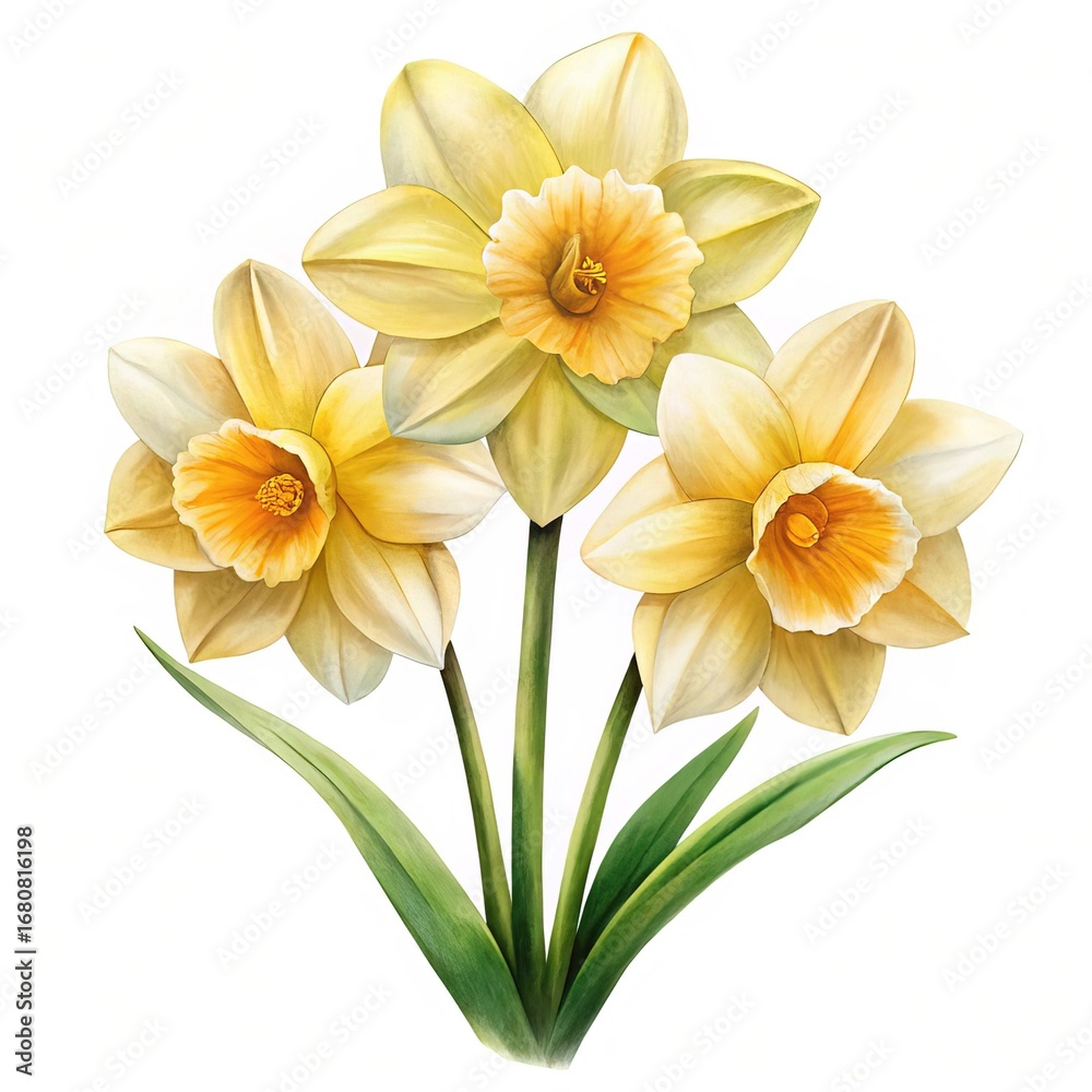 Fototapeta premium Beautiful watercolor painting of three yellow daffodils with green stems and leaves