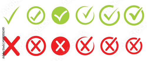 Green Checkmark and Red Cross Icons Set – Editable Vector Tick and Cross Symbols on White Background
