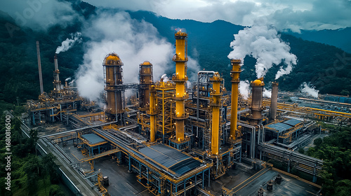 Industrial Complex in Mountain Valley: Aerial View of Smoke-Emitting Structures