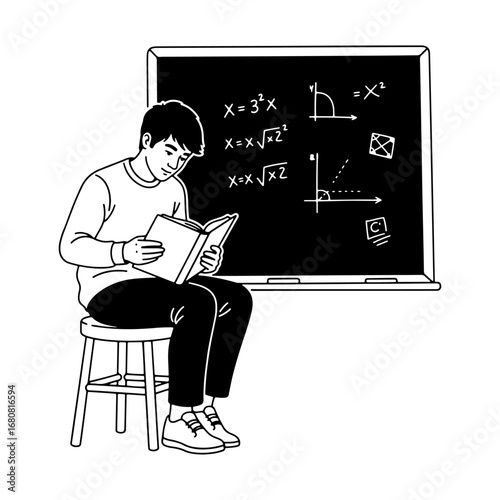 Students studying with books in hand looking at mathematical formulas, angle diagrams, and graphs on Blackboard—e-learning videos, an excellent resource for teaching visuals.