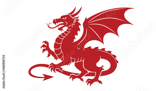 A striking red dragon in a powerful dynamic pose with outstretched wings and sharp claws symbolizing strength and mythical legend against a clean white background