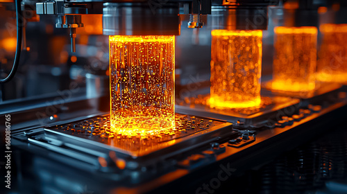 Close Up of Glowing Orange Particles Flowing Through Sleek Industrial Machinery