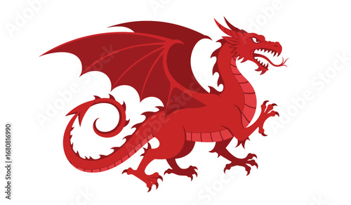 A fierce red dragon with large wings and sharp claws depicted in a dynamic pose symbolizing power and mythology against a white background