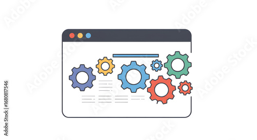 Process automation and system settings interface. Minimalist vector illustration of colorful cogwheels inside a web browser window on a white background