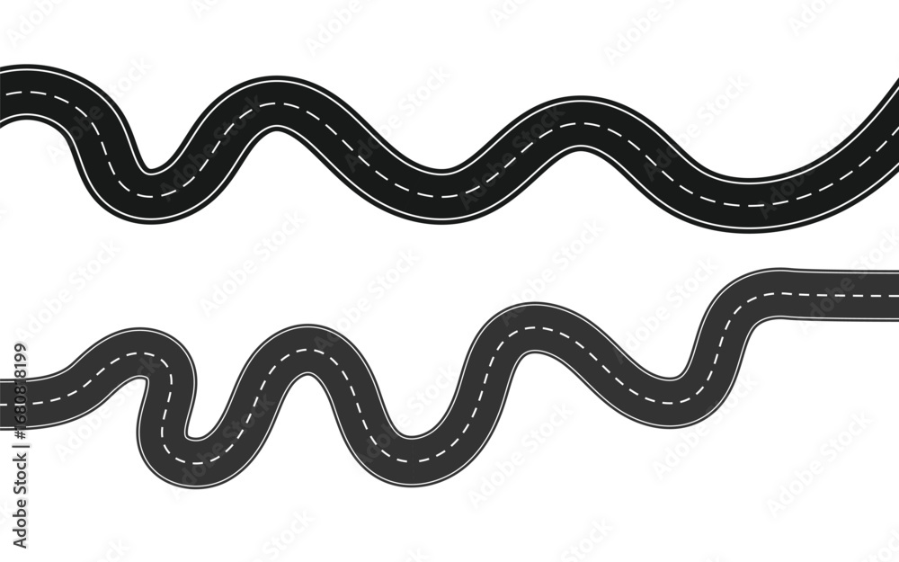 Fototapeta premium Wavy and curved road vector illustration, winding highway asphalt path design. 