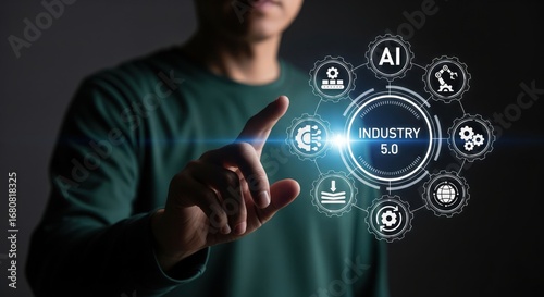 A person reaches to floating industry 5.0 icons arranged like gears in dark futuristic space, industry 5.0, manufacturing 5.0, 5.0 technology