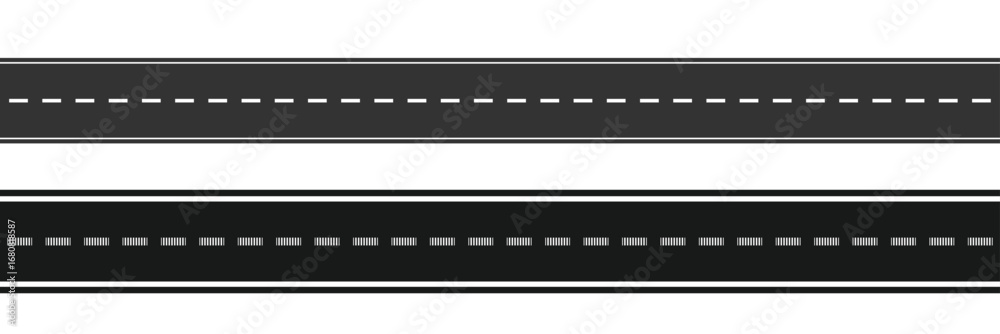 Obraz premium Asphalt road. Seamless straight highway with line. Street, roadway for car with yellow, white strips. Construction of track with lanes for direction. Ways of traffic. Vertical set of textures. Vector.