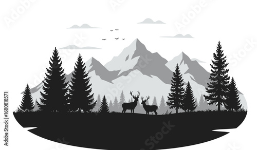 Majestic snow capped mountain range silhouetted against a cloudy sky with evergreen trees and two deer grazing peacefully in the foreground