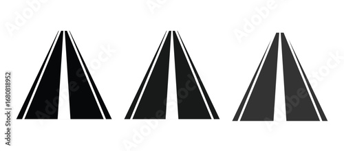 road markings icon. Vertical asphalt straight highways with dotted or solid lines. View from above. Copy space. Streets of modern city.
