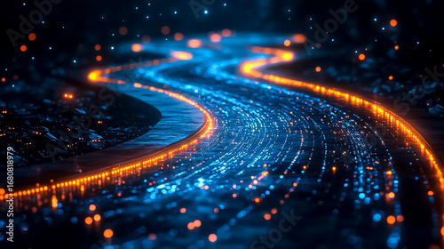 Abstract Glowing Path: Blue and Orange Particles on Dark Background