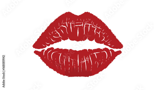 A vibrant red lipstick kiss mark imprint on a clean white background conveying passion and affection with detailed texture