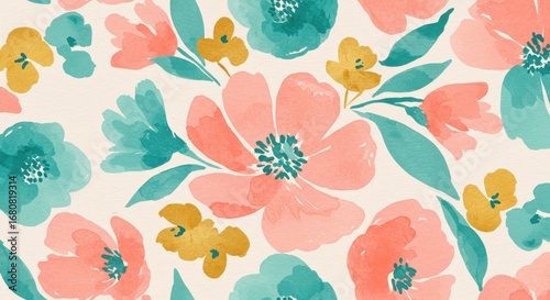 Watercolor Floral Pattern: Pink Teal and Gold Flowers.