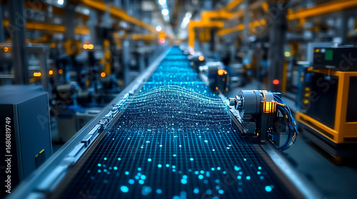 Automated Factory Assembly Line with Glowing Blue Data Stream