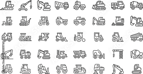 Industrial construction vehicle icons in line style, outline heavy equipment set, vector illustration.  