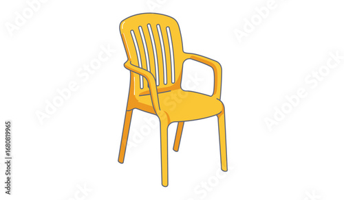 A bright yellow plastic outdoor chair with a tall slatted back and armrests isolated on white background