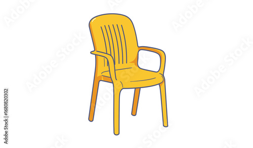 A bright yellow plastic outdoor chair with a tall slatted back and armrests isolated on white background