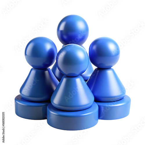 Four blue pawn game pieces clustered together isolated on white background