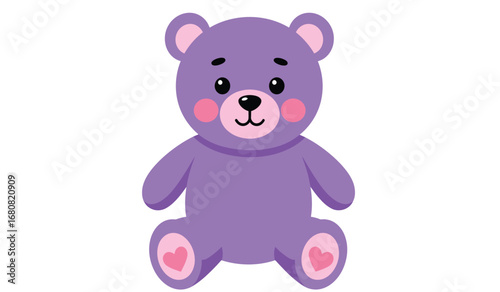 A cute cartoon purple teddy bear with pink accents sitting and smiling isolated on white background