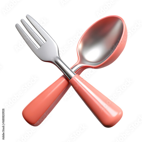 A silver fork and a coral spoon crossed together isolated on white background