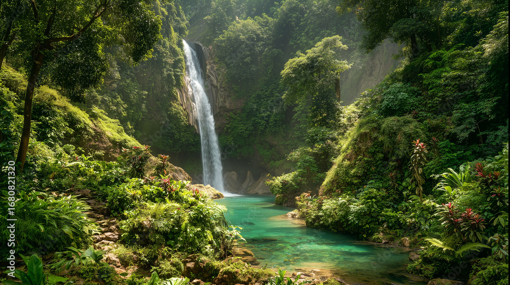 Obraz premium Waterfall flowing into a natural pool in a lush tropical rainforest, illuminated by the morning sunlight with a beautiful view.