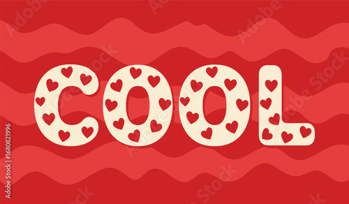 The word cool spelled out with decorative letters featuring a pattern of small red hearts isolated on white background