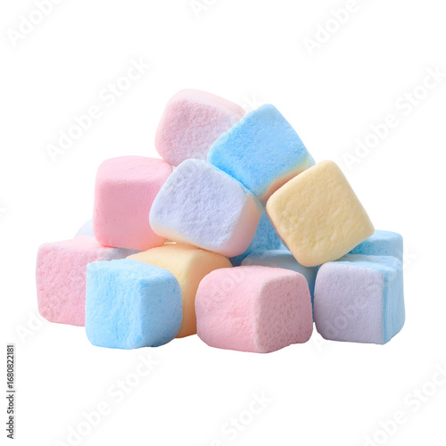 A colorful assortment of sweet, soft, pastel-hued marshmallows piled high against a clean white background