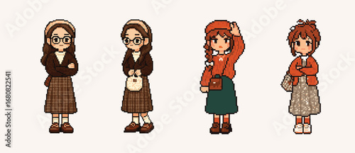 Pixel art 8 bit objects. Retro game assets. Set of icons. Vintage computer video arcades. Pixelated autumn girl outfit character illustration. Vector illustration. 