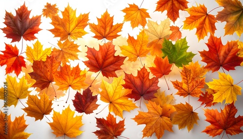 Colorful autumn maple leaves, a vibrant display of nature's beauty, gracefully suspended in mid-air against a plain backdrop.