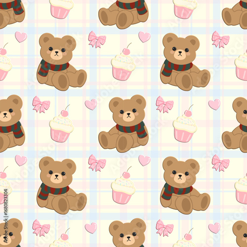 seamless pattern with bear and cupcake, fabric pattern, gift wrapping paper, notebook cover, phone case pattern 