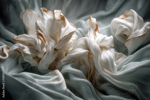 White fabric folds, light teal background.  Gold accents